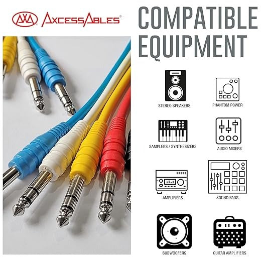 AxcessAbles 1/4" TRS to 1/4" TRS Balanced Stereo Patch Cables (6 Pack - 1ft)