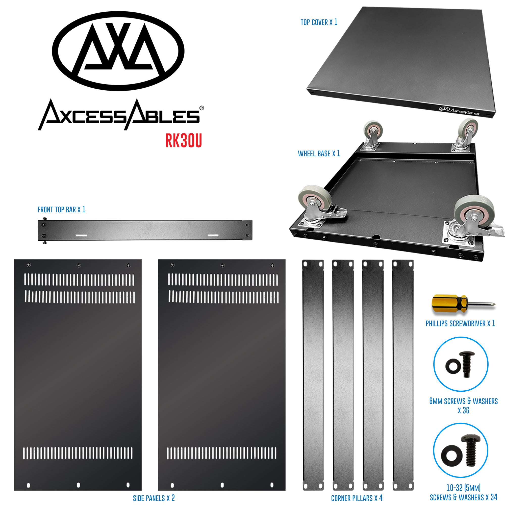 AxcessAbles RK 30U Rack-Mount Cabinet Case w/Caster Wheels (Compatible with US 10-32 (5mm) & European (6mm) Rack Standards.) Rack for AV, DJ, Home Theater, Network, Server, Computer, Electronics