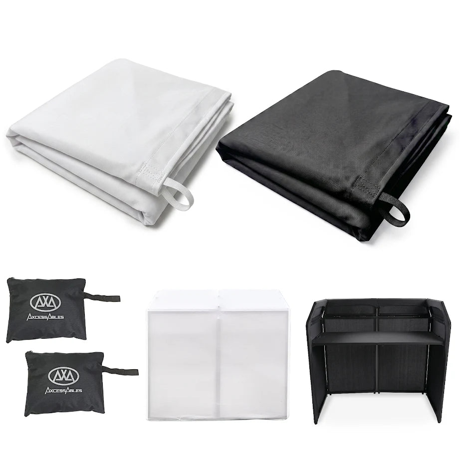AxcessAbles DJ BOOTH XL Replacement Black & White Scrim Set, Stretch Fabric Facade Cover, Tie-On Scrim for DJ Booth XL Table, Washable Professional DJ Table Booth Cover