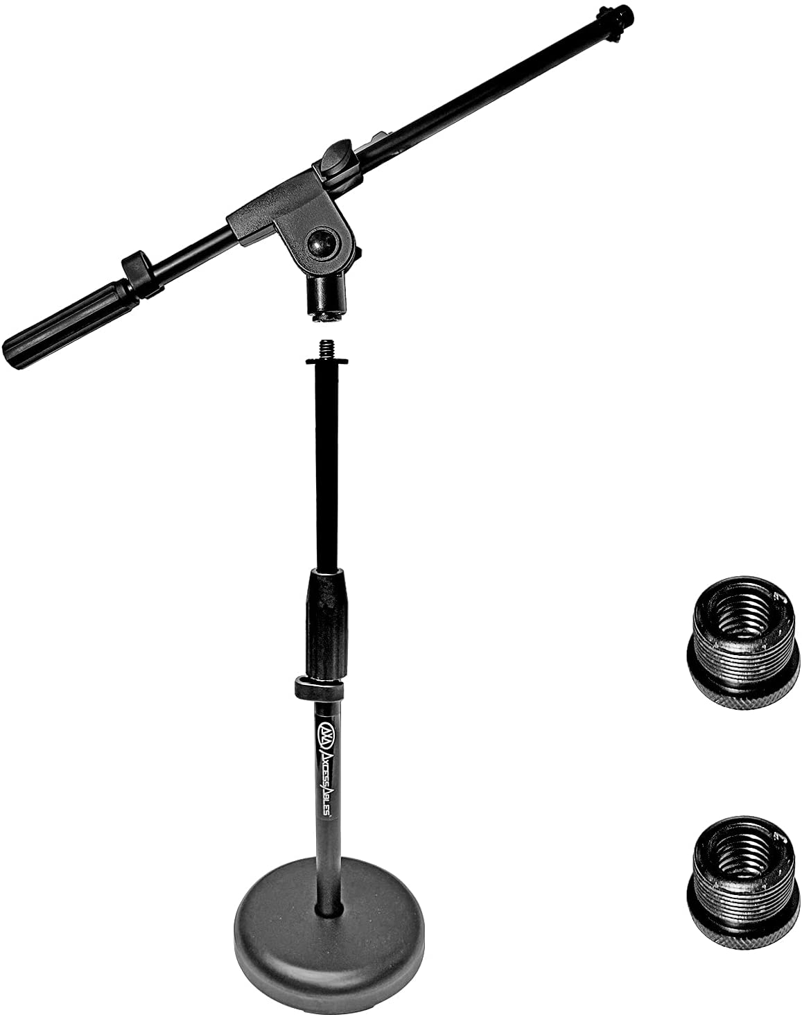 AxcessAbles MS-202R Low-Profile, Weighted Round Base Microphone Stand with Boom, Mic Clip and 3/8" to 5/8" Screw Adapter for Kick Drums, Guitar Amps, Blue Yeti and Blue Snowball