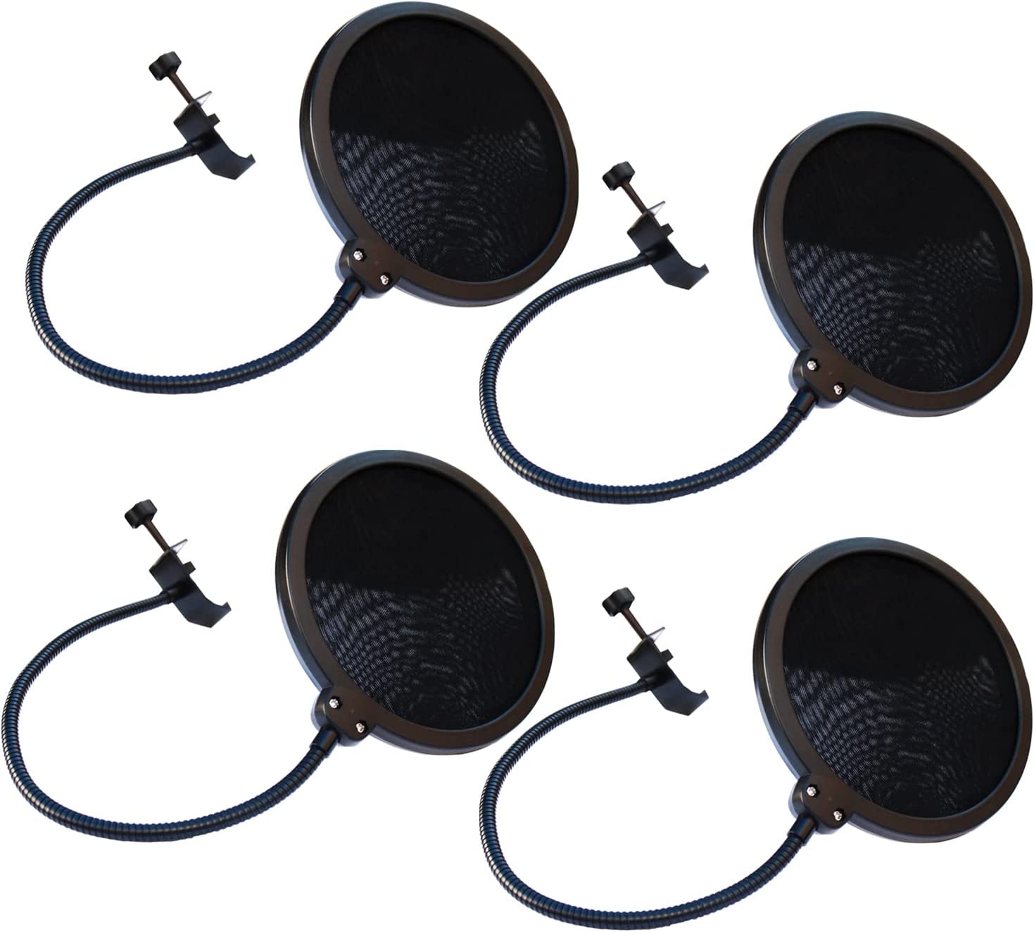AxcessAbles 6 Inch Dual Layer Nylon Studio Microphone Pop Filter Pop Blocker with 14 Inch Gooseneck and Clamp. (4-Pack)