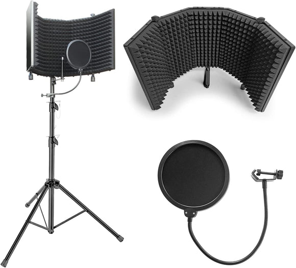 AxcessAbles Large Recording Studio Microphone Isolation Shield with 3 Tier Tripod Stand | Includes Pop Filter | Portable Recording Sound Booth | Reflection Filter Shield | Studio Microphone Stand