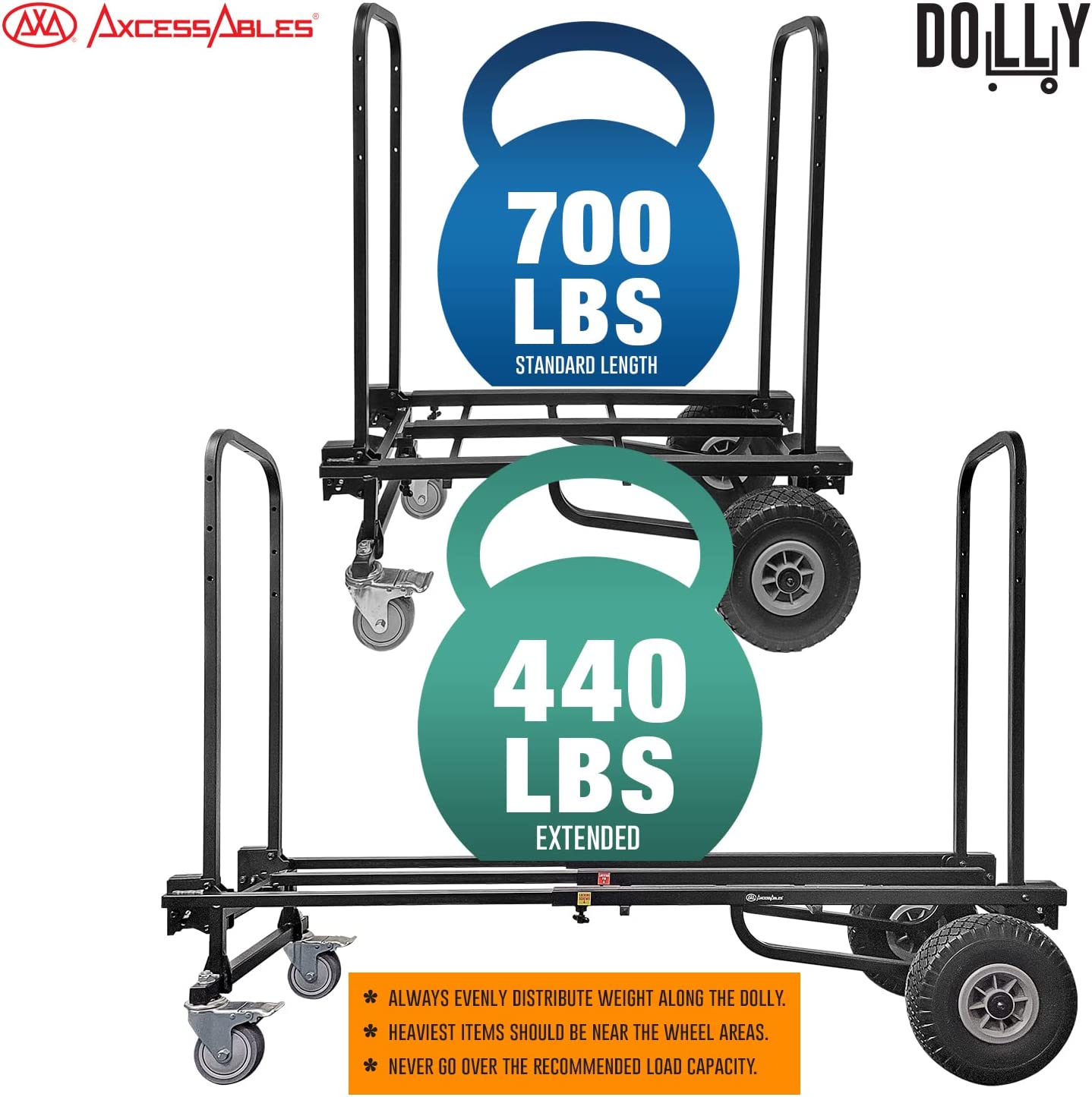 AxcessAbles Heavy Duty Folding Equipment Dolly Cart with Wheels | 700lb Capacity | DJ Cart | Moving Hand Truck Dolly | Telescoping Frame to 4.6ft.| Production Multicart | Fully Assembled