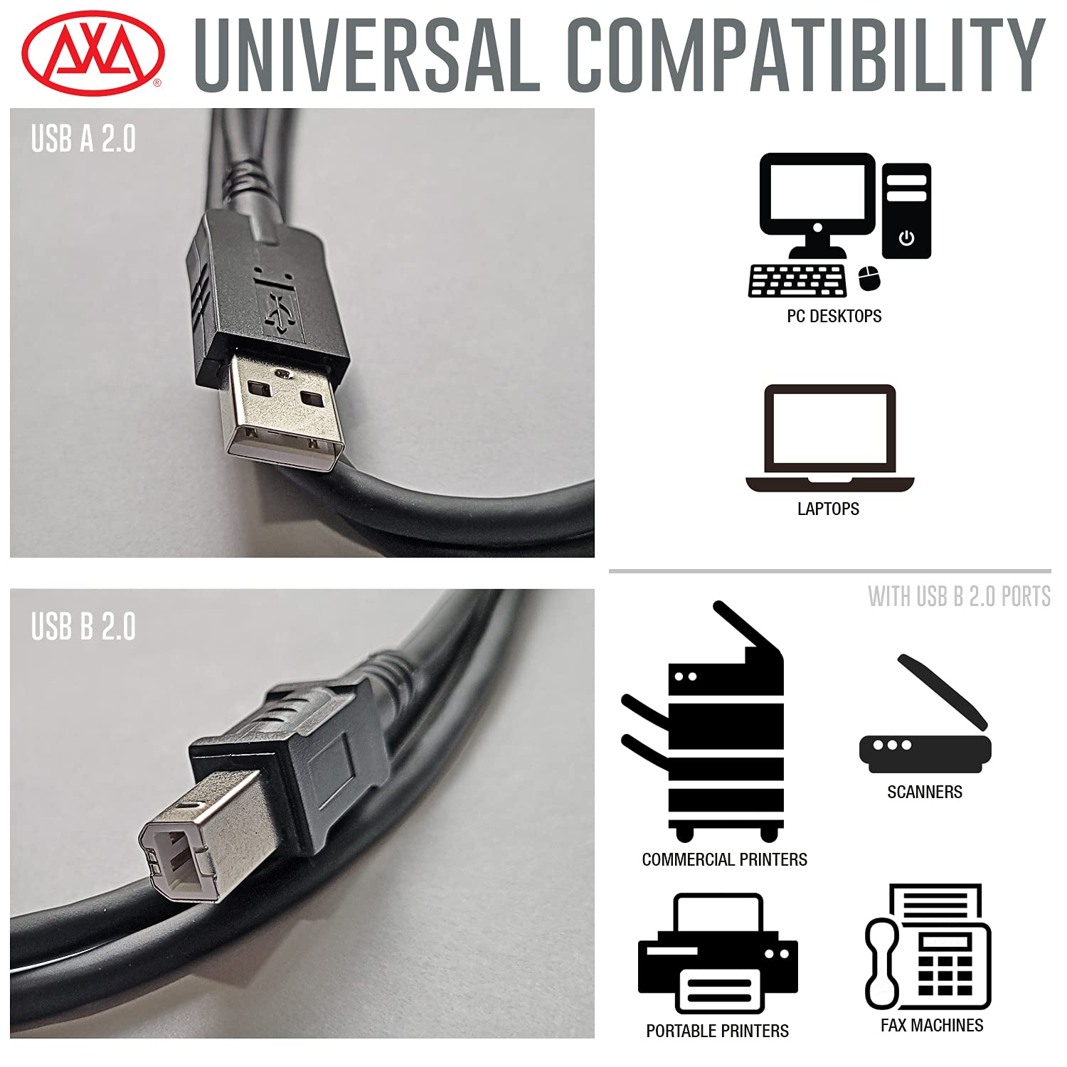 AxcessAbles USB 2.0 A Male to B Male USB Cord (5 feet)  5PK