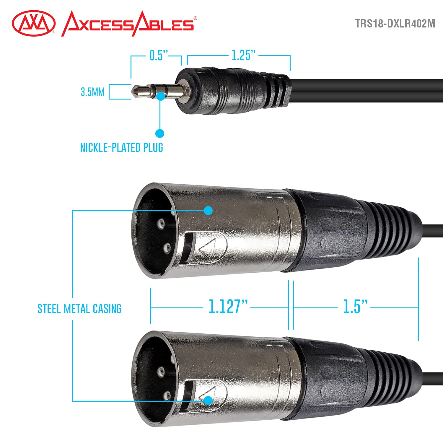 AxcessAbles 1/8 Stereo Male Mini-Jack to Dual 1/4 TS Audio Cable - 10ft |  1/8 TRS to Dual TS Mono Y-Splitter Cable | 3.5mm Stereo Mini-Jack to 2 TS