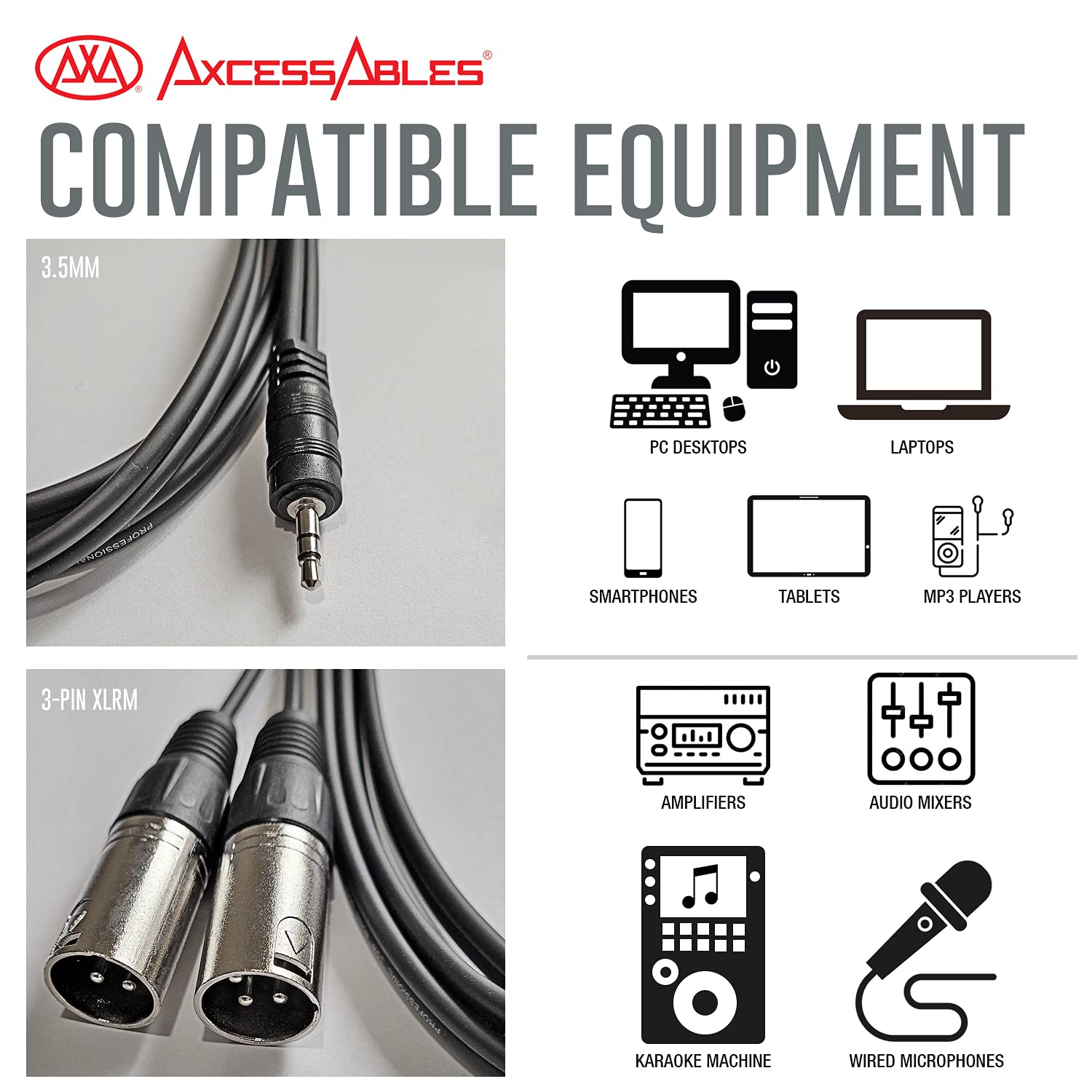 AxcessAbles TRS18-DXLR403M  Audio Cable, 3.5 mm Stereo TRS to Dual XLR Male  Cable (10ft)  5PK