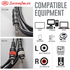 AxcessAbles TRS18-DRCA110 Audio Cable, Stereo 1/8 Inch to Dual RCA Adapter Cable -10ft  10PK