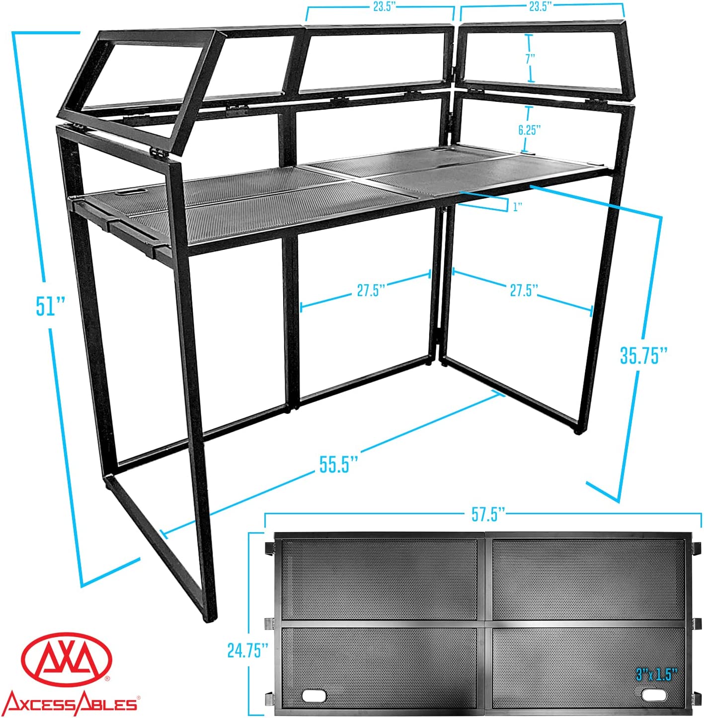 AxcessAbles DJ Booth XL Portable DJ Facade Booth Table with Black and White Scrims, Carry Cases | Standing DJ Booth | DJ Controller Stand | Recording Mixer Stand| DJ Booth XL