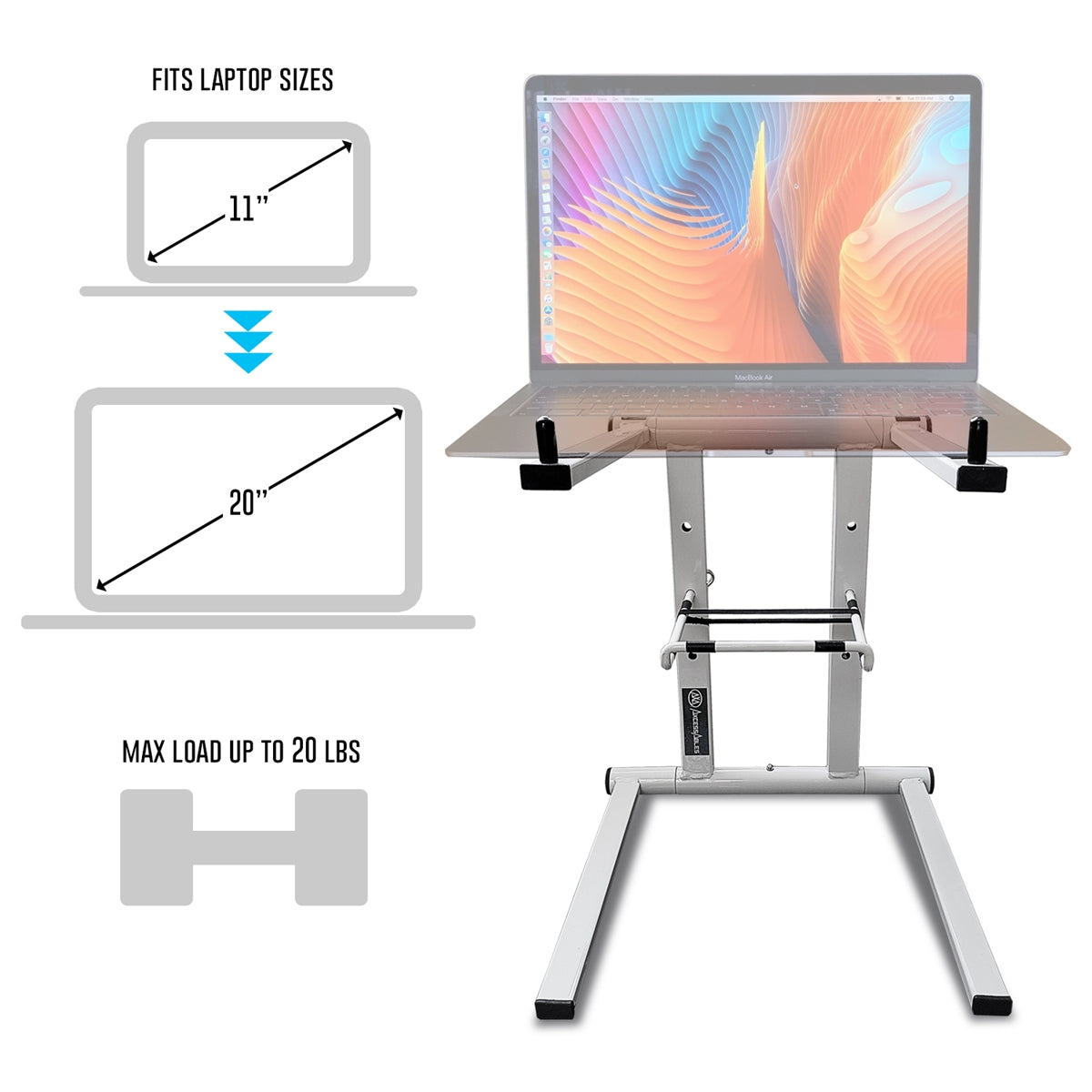 AxcessAbles DJLTS-01 DJ Tabletop Laptop Stand with Bag. For Home Office, Standing Desk, PC, Gaming, DJ, Studio. Ergonomic, Elevated Riser Compatible with MacBook (White)