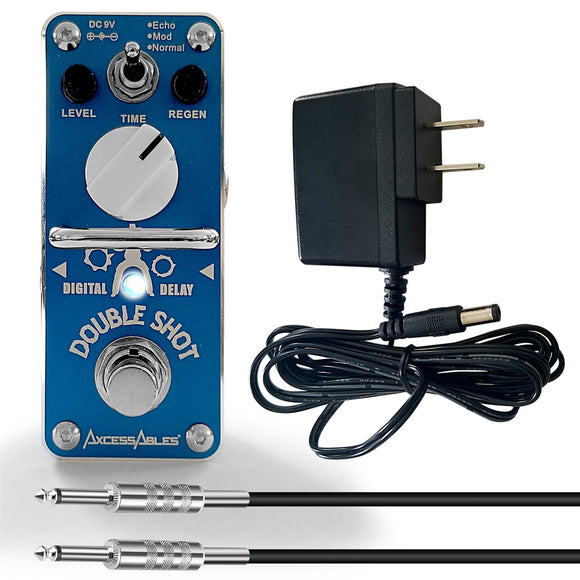 AxcessAbles DOUBLE SHOT Guitar Pedal Bundle - Delay/Echo/Repeat/Slap-Back - Includes Power Supply and Cable
