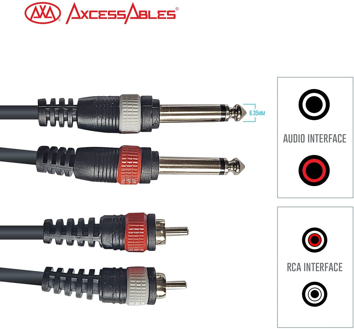 AxcessAbles Dual 1/4 Inch TS to Dual RCA Audio Interconnect Cable 3ft - 2 Pack | Dual 6.35mm Male Jack to Dual RCA | 3ft DTRS to DRCA Unbalanced Patch Cables (2-Pack)