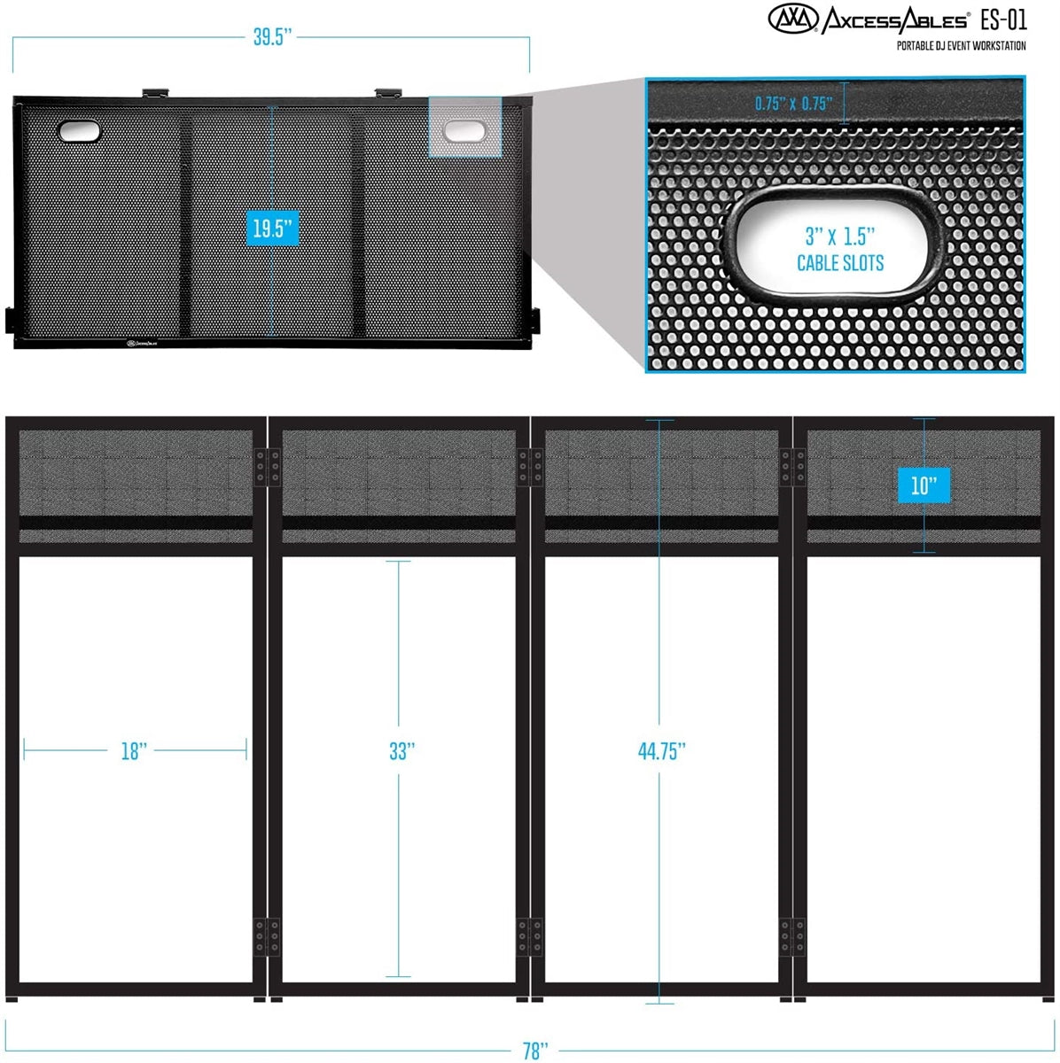 AxcessAbles Portable DJ Facade Booth Table with Black and White Scrims, Carry Cases | Standing DJ Booth - 40 x 20 | DJ Controller Stand | Recording Mixer Stand| DJ Facade for Lights (ES-01)