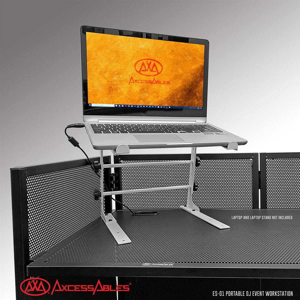 AxcessAbles Portable DJ Facade Booth Table with Black and White Scrims, Carry Cases | Standing DJ Booth - 40 x 20 | DJ Controller Stand | Recording Mixer Stand| DJ Facade for Lights (ES-01)