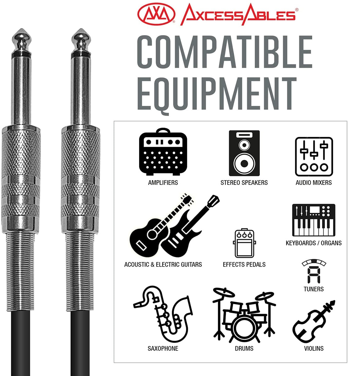 AxcessAbles 1/4 Inch to 1/4 Inch TS Guitar Audio Cable- 10ft | 6.35mm Instrument Cable | Amp Cable for Guitar | Unbalanced 1/4 Patch Cord-10ft (10-Pack)