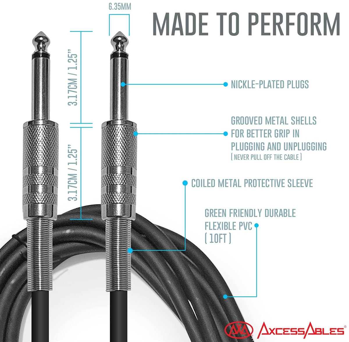 AxcessAbles 1/4 Inch to 1/4 Inch TS Guitar Audio Cable- 10ft | 6.35mm Instrument Cable | Amp Cable for Guitar | Unbalanced 1/4 Patch Cord-10ft (10-Pack)