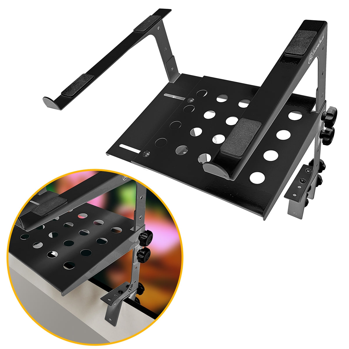 AxcessAbles Two-Tier Adjustable DJ Stand with Clamps | For DJ Controllers, Music Mixers, Laptops up to 20lbs.| DJ Controller Stand Compatible with DDJ-REV1, DDJ-FLX4 | DJ Laptop Stand (LTS-03 Black) - Open Box