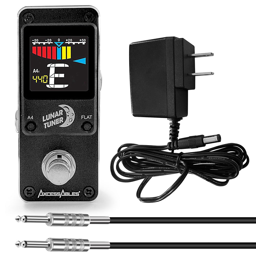 AxcessAbles Lunar Tuner Mini-Stomp Chromatic Digital Tuner for Guitar, Bass w/ Power Supply and Cable