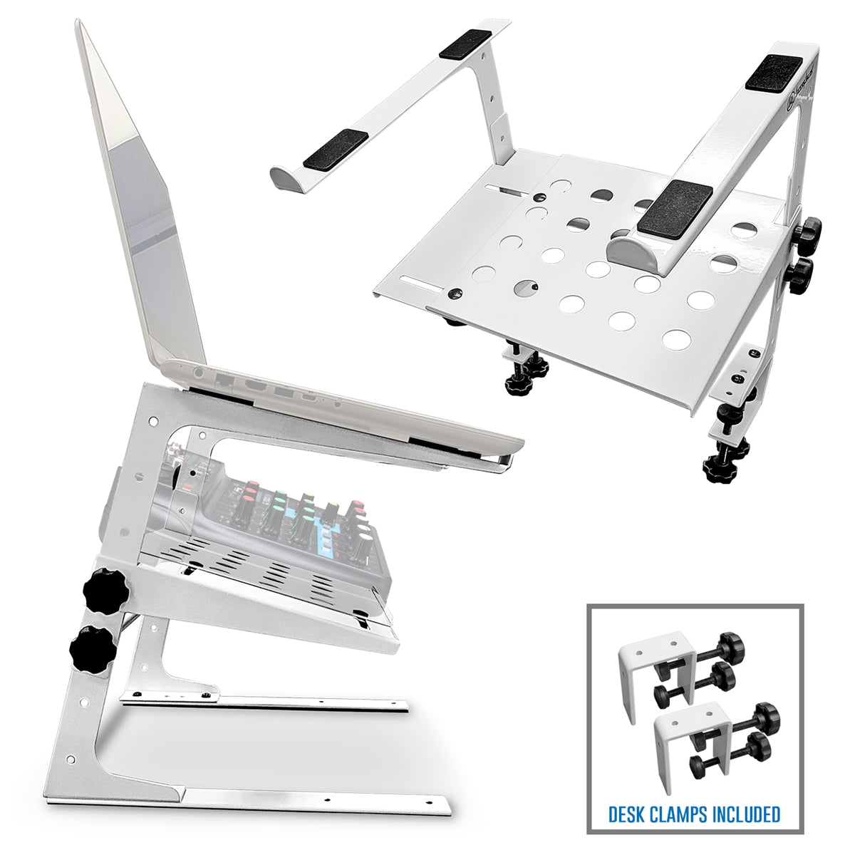 AxcessAbles Two-Tier Adjustable DJ Stand with Clamps | for DJ Controllers and Laptops up to 20lbs.| DJ Controller Stand Compatible with DDJ-REV1, DDJ-FLX4, Party Mix | DJ Laptop Stand (LTS-03 White) - Open Box