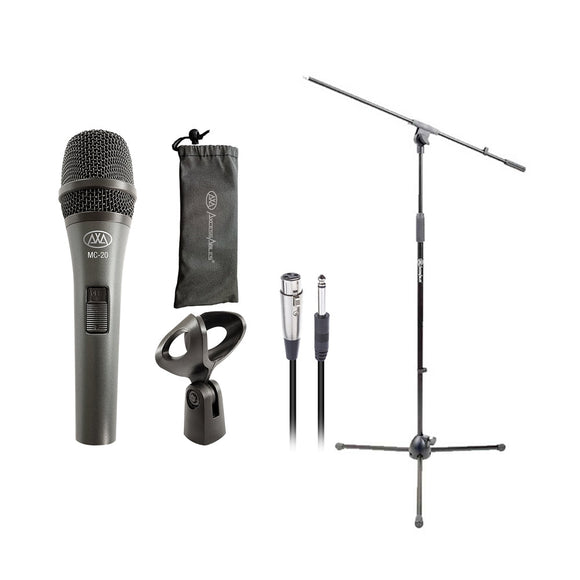 AxcessAbles MC-20 Dynamic Handheld Microphone/Mic Stand & Cable Bundle - for Live/Studio/Stage