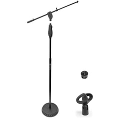 AxcessAbles One Hand Microphone Stand with Weighted Heavy Round Base and Quick Grip Height Adjustment - Telescoping Mic Boom Arm Included. Tall Microphone Stand for Singing (MS-201RB)