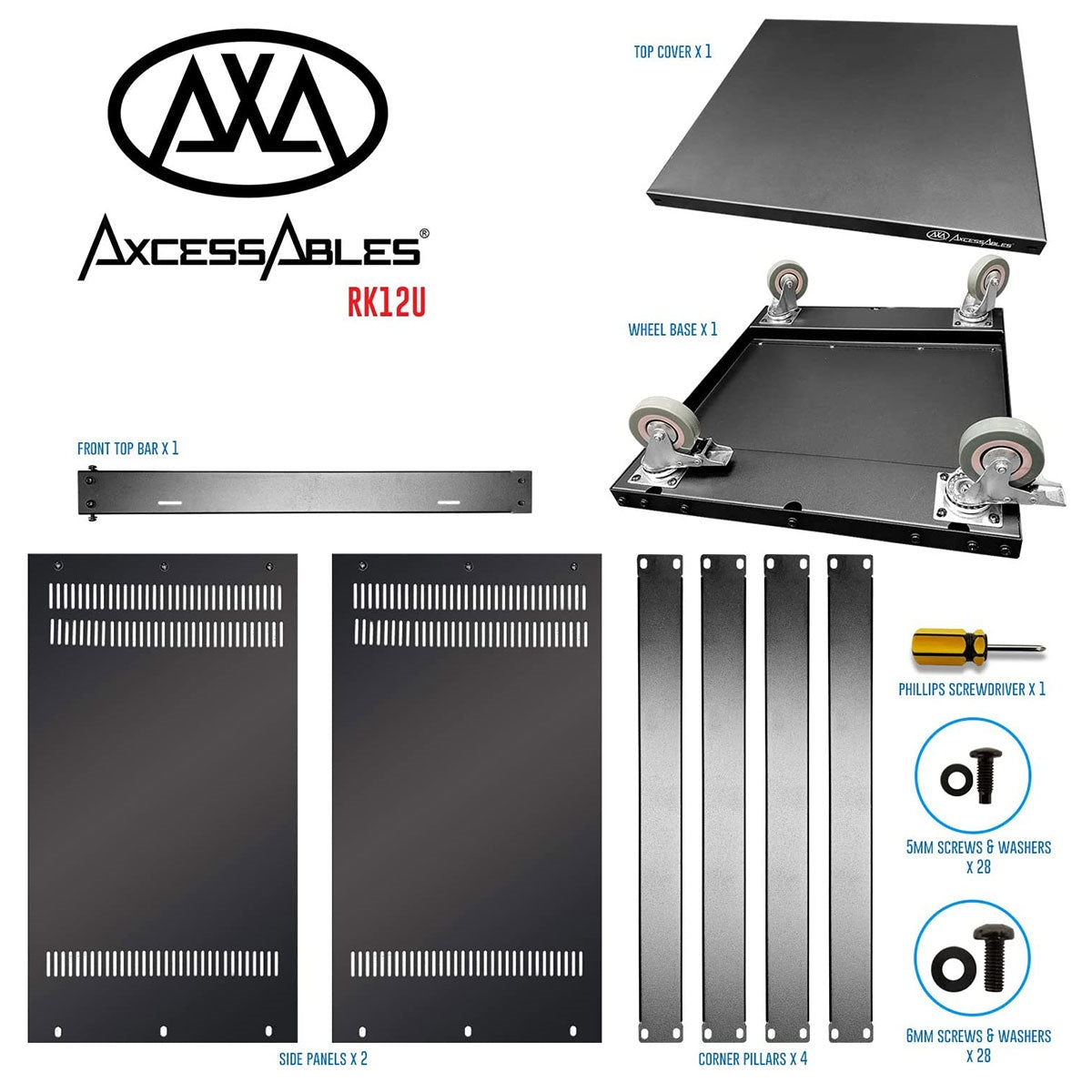 AxcessAbles 12U AV Rack Stand | 12 Space Component Rack Cabinet | Removable Side Panels for Open-Frame | 550lb Capacity Four Post Network Server Case| 19-Inch Rack-mountable Cabinet (RK12U)