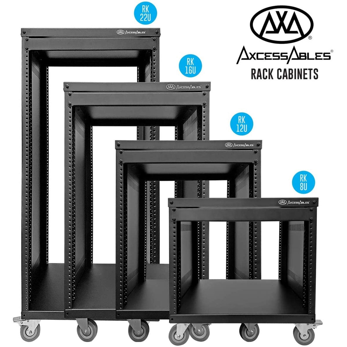 AxcessAbles RK 22U Rack-Mount Cabinet Case w/Caster Wheels (Compatible with US 5mm & European 6mm Rack Standards.) Rack for AV, DJ, Home Theater, Network, Server, Computer, Electronics