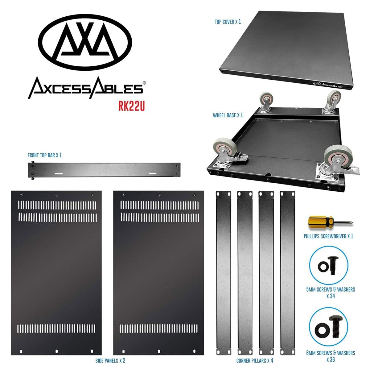 AxcessAbles RK 22U Rack-Mount Cabinet Case w/Caster Wheels (Compatible with US 5mm & European 6mm Rack Standards.) Rack for AV, DJ, Home Theater, Network, Server, Computer, Electronics