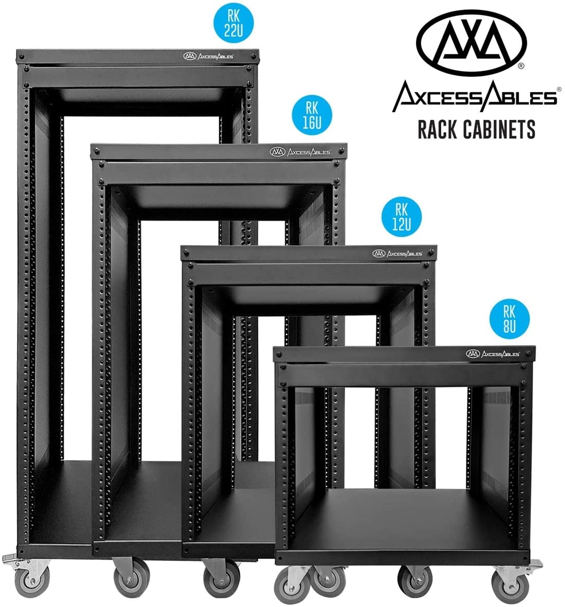 AxcessAbles RK 8U Equipment Rolling Cabinet Rack Stand with Locking Caster Wheels (Compatible with American 5mm & European 6mm Racks) Audio Video, Recording Studio, Music, Live Sound, Church Storage - Open Box