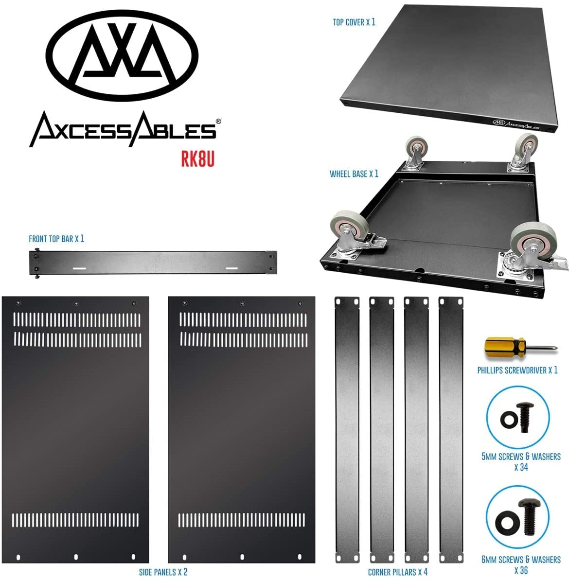 AxcessAbles RK 8U Equipment Rolling Cabinet Rack Stand with Locking Caster Wheels (Compatible with American 5mm & European 6mm Racks) Audio Video, Recording Studio, Music, Live Sound, Church Storage