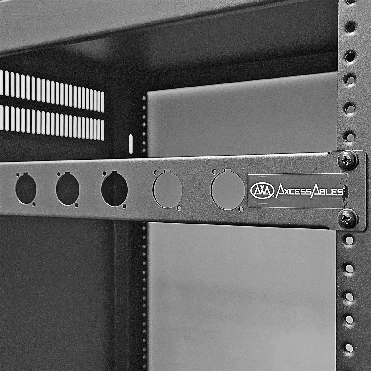 AxcessAbles RKINPUT1U 1U D-Series 8 Connectors Punch-out Component Panel for 19 inch AV, Sound, Computer Equipment Racks. Patch panel compatible with XLR, Speakon, Neutrik Outputs.