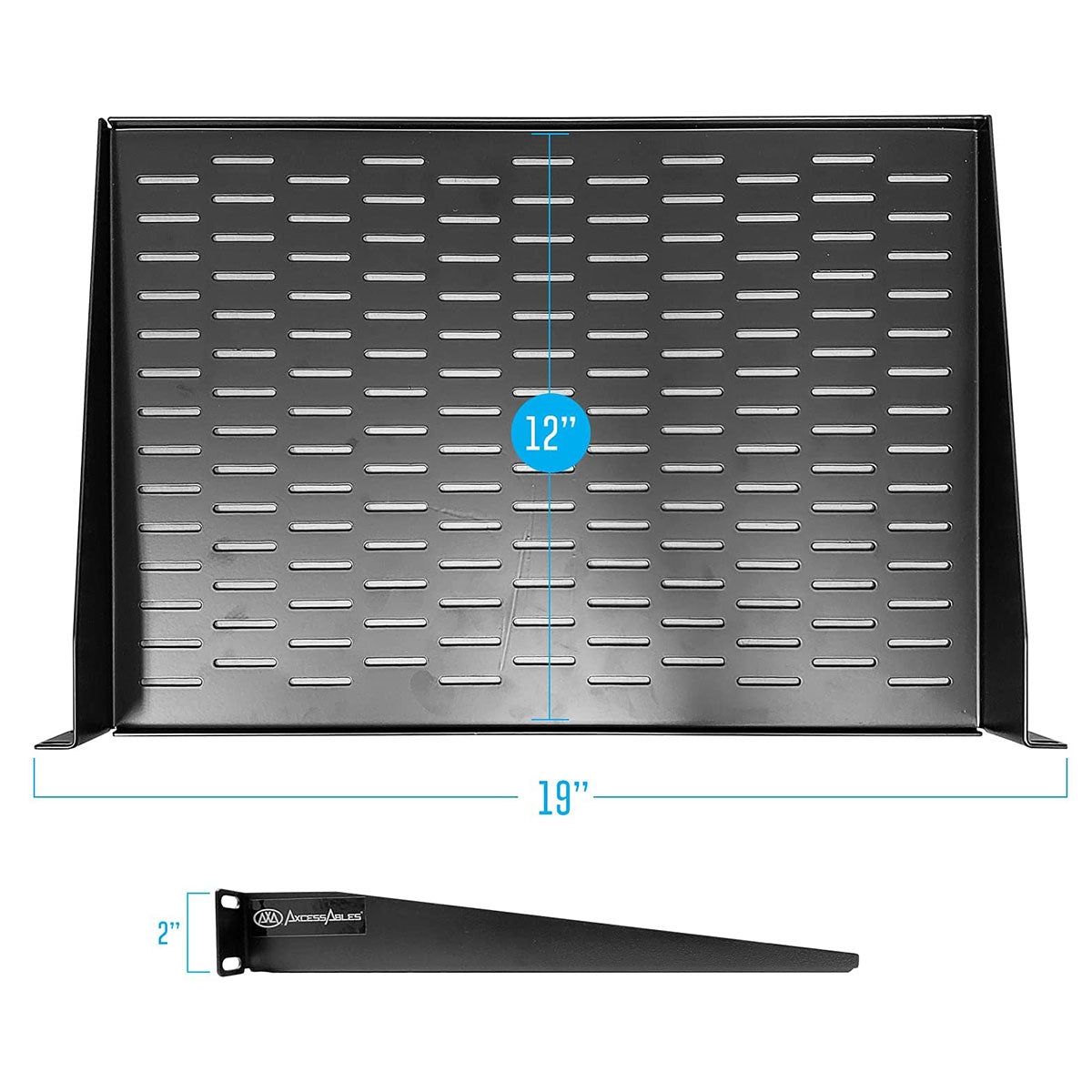 AxcessAbles 1U Vented Server Rack Shelf | 1U Universal Rack Shelf with Protective Edges for 19" AV Equipment Rack & Cabinet| 12" Deep with Edges. | Single Cast Steel| 44lb Capacity (2-Pack) - OB