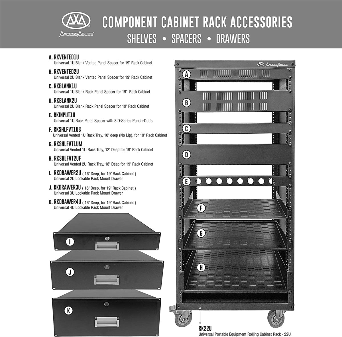 AxcessAbles 1U Vented Server Rack Shelf | 1U Universal Rack Shelf with Protective Edges for 19" AV Equipment Rack & Cabinet| 12" Deep with Edges. | Single Cast Steel| 44lb Capacity (2-Pack) - OB