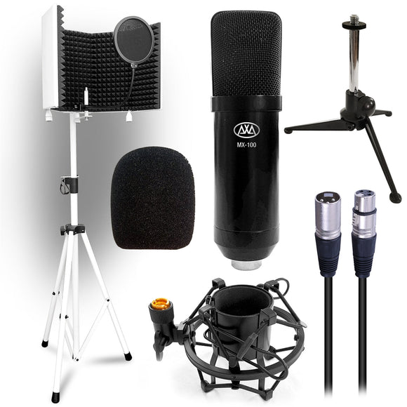 AxcessAbles Music Recording Mic Isolation Shield with Stand and Professional Studio Condenser XLR Mic Package. Includes Pop Filter, Desktop Stand, Shock Mount (SF-101Kit White Package)