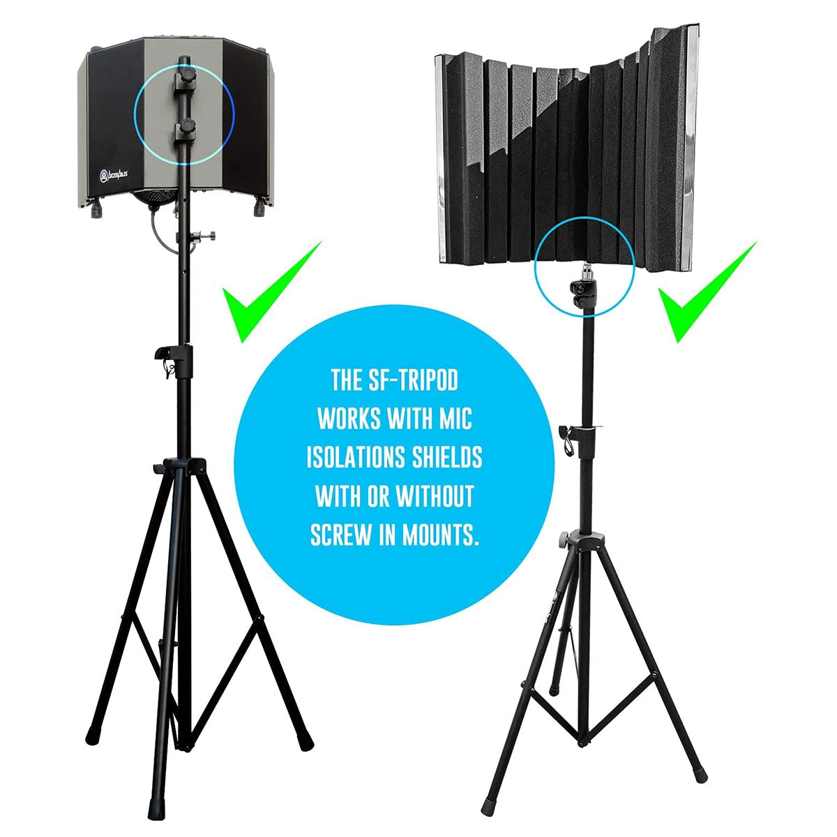 AxcessAbles Microphone Isolation Shield Stand Only. Single-Cast Stand 4ft4"- 6ft. For thread mount and back mount Vocal Isolation Shields. Mic Thread Adapters Included (SF-TRIPOD)