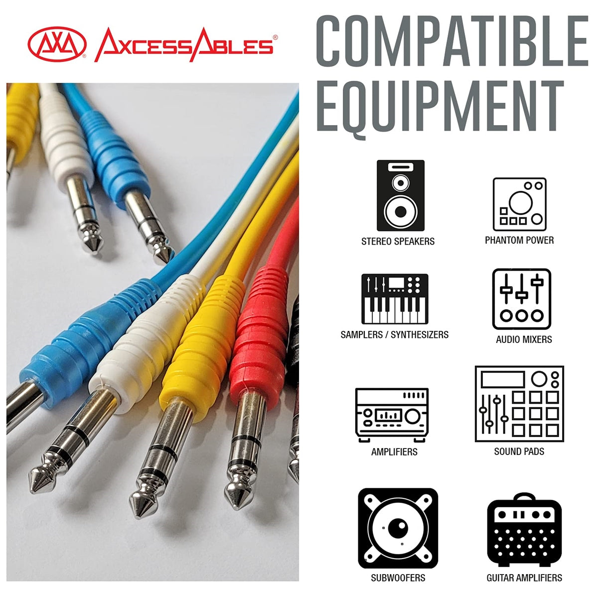 AxcessAbles 1/4-inch (6.35mm) TRS to 1/4-inch (6.35mm) TRS Multi-Color Balanced Stereo Patch Cables 6-Pack (3ft) Outboard Gear & Patchbay Studio Cables External Effects Digital Analog Effects - Open Box