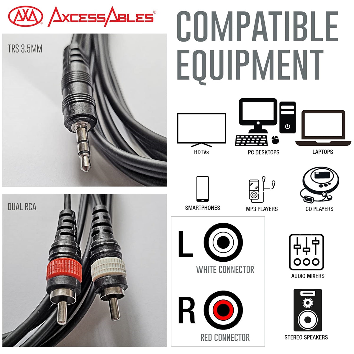 AxcessAbles 1/8 Stereo Male Mini-Jack Male to Dual Male RCA Audio Cable -  10ft | 1/8 TRS to Dual RCA Y Cable | 3.5mm Stereo Mini-Jack Male to 2 RCA 