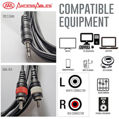 AxcessAbles 1/8 Stereo Male Mini-Jack Male to Dual Male RCA Audio Cable - 10ft | 1/8 TRS to Dual RCA Y Cable | 3.5mm Stereo Mini-Jack Male to 2 RCA | AxcessAbles TRS18-DRCA110-10ft