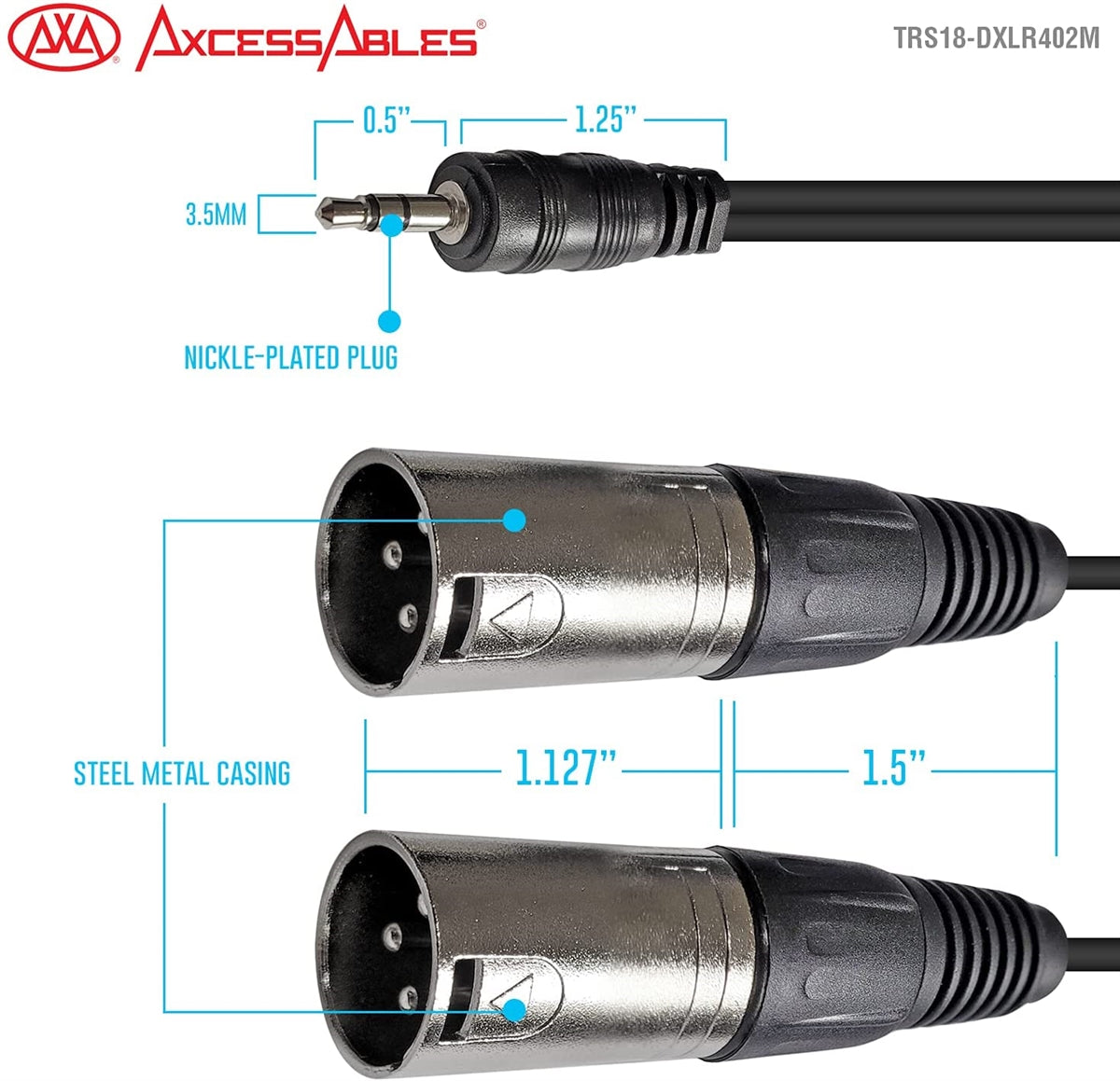 AxcessAbles TRS18-DXLR402M 1/8-inch (3.5mm) Stereo Minijack TRS to Dual XLR  Male Audio Cable for Phone, Laptop, Tablet, MP3 Player Patch to Mixing