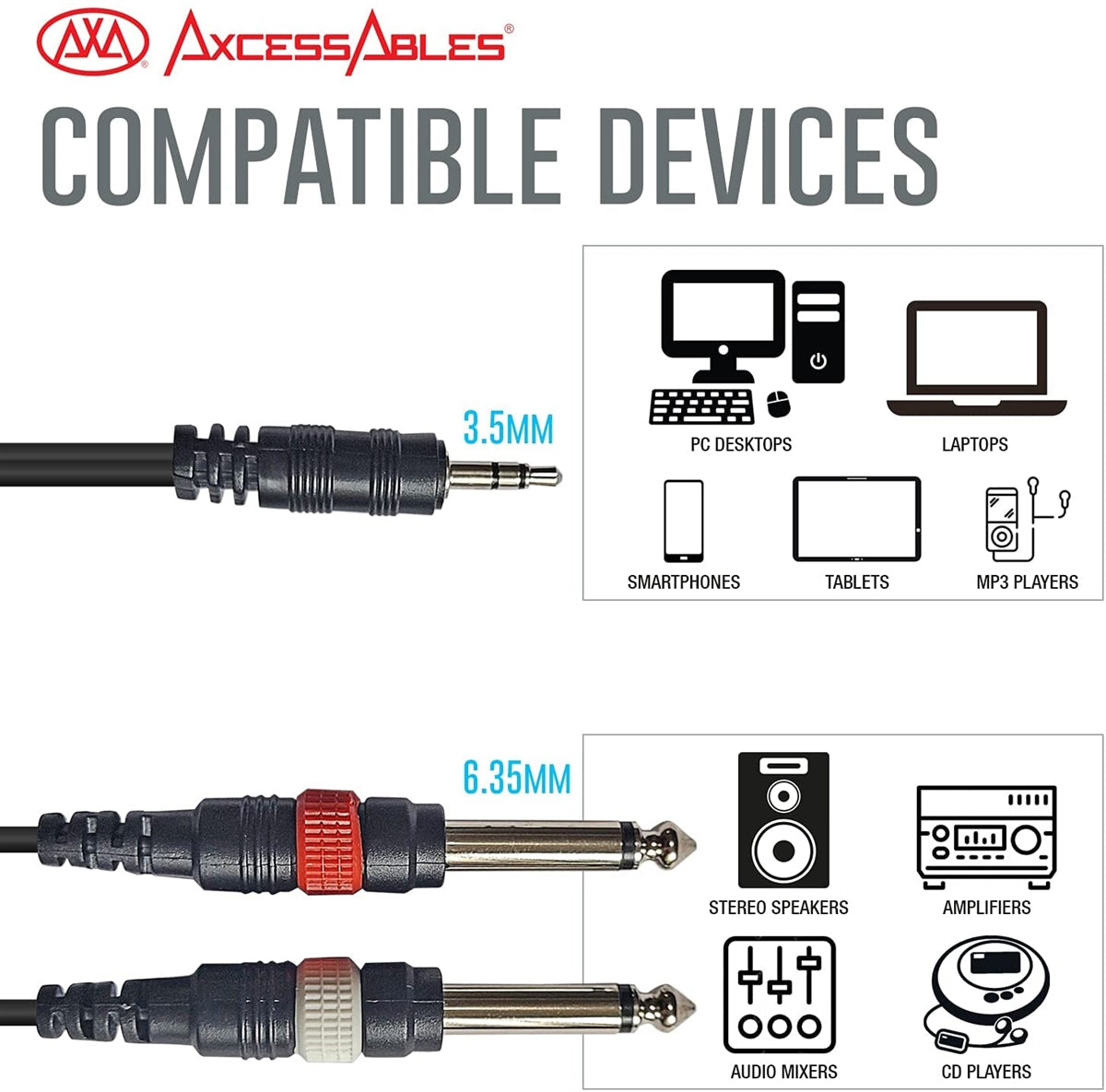 AxcessAbles 1/8 Stereo Male Mini-Jack to Dual 1/4 TS Audio Cable - 3ft | 1/8 TRS to Dual TS Mono Y-Splitter Cable | 3.5mm Stereo Mini-Jack to 2 TS Male | AxcessAbles AXCTRS18-D14TS103-3ft