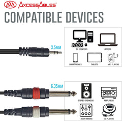 AxcessAbles 1/8 Stereo Male Mini-Jack to Dual 1/4 TS Audio Cable - 3ft | 1/8 TRS to Dual TS Mono Y-Splitter Cable | 3.5mm Stereo Mini-Jack to 2 TS Male | AxcessAbles AXCTRS18-D14TS103-3ft