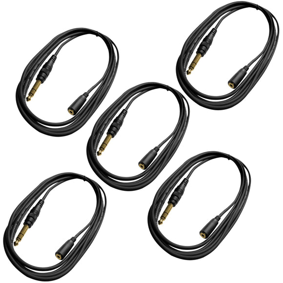 AxcessAbles TRSF18-TRSM14 1/8 inch (3.5mm) TRS Female to 1/4 inch (6.35mm) TRS Male Headphone Extension Cable (10ft) - 5 Pack