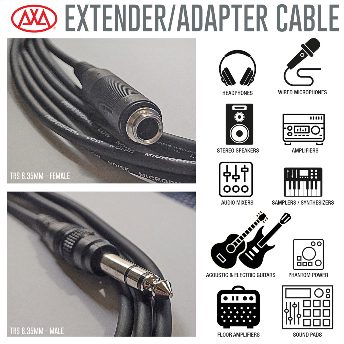 AxcessAbles 1/4-inch (6.35mm) TRS Male to 1/4-inch (6.35mm) TRS Female Headphone Extension Cable (10ft) for Microphones, Audio Applications, Home Studios, Professional Studios (2-Pack)