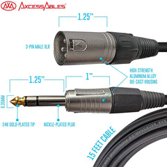 AxcessAbles 15ft Long 1/4 inch TRS to XLR Male Balanced Audio Cable | US Based Co. | Quarter Inch Stereo to XLR Male Audio| 6.35mm TRS to XLR Cable 15ft Cable for Mixers, Studio Speakers, Interfaces (10-Pack)