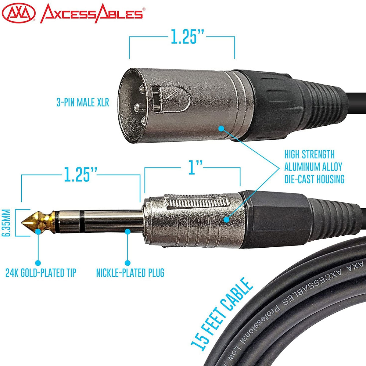 AxcessAbles 15ft Long 1/4 inch TRS to XLR Male Balanced Audio Cable | US Based Co. | Quarter Inch Stereo to XLR Male Audio| 6.35mm TRS to XLR Cable 15ft Cable for Mixers, Studio Speakers, Interfaces (4-Pack)