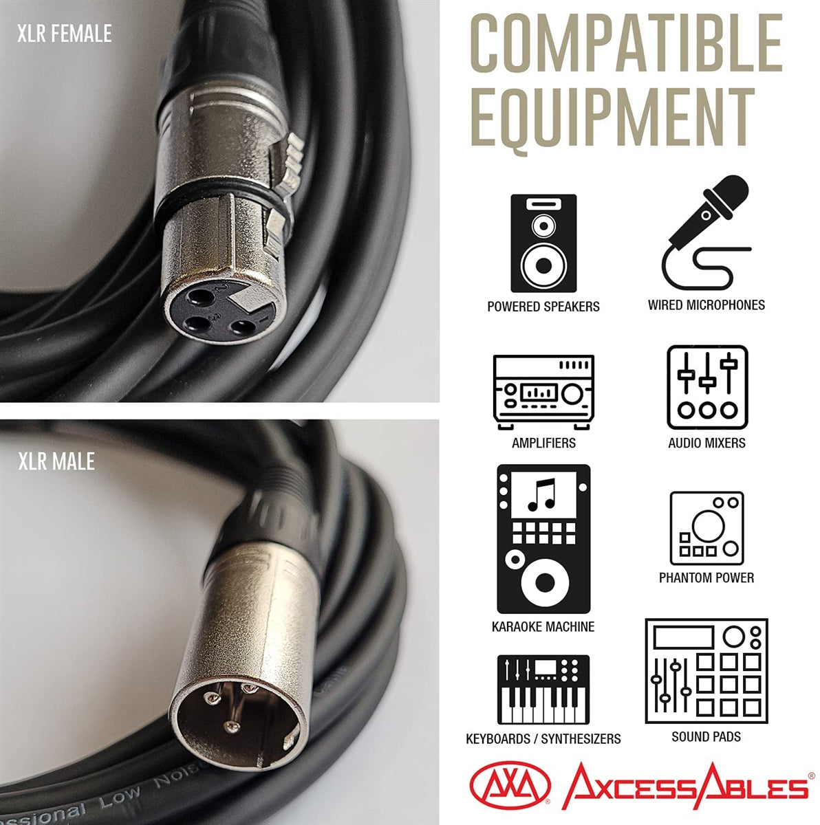 AxcessAbles XLR Male to XLR Female Audio Cable - 50ft | XLR to XLR Balanced Mic Cable | Microphone Cable | 3-Pin Mic Cord | AxcessAbles XLR-XLR50-50ft