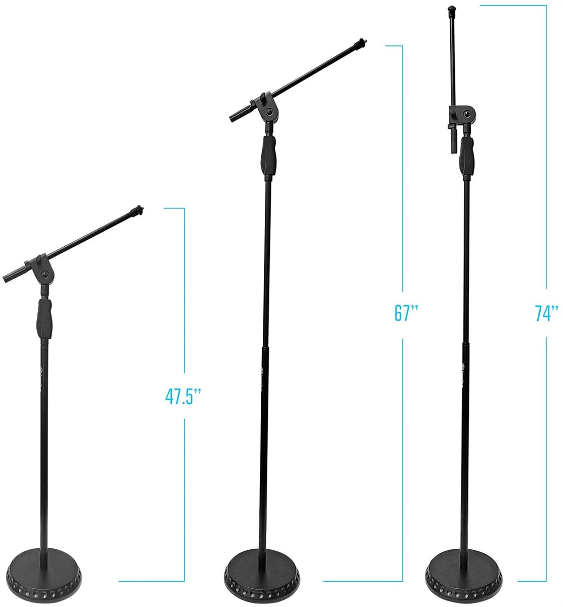 AxcessAbles One Hand Microphone Stand with Weighted Heavy Round Base and Quick Grip Height Adjustment - Telescoping Mic Boom Arm Included. Tall Microphone Stand for Singing (MS-201RB)