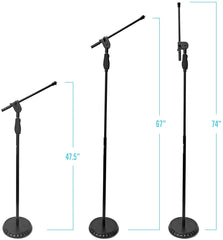 AxcessAbles One Hand Microphone Stand with Weighted Heavy Round Base and Quick Grip Height Adjustment - Telescoping Mic Boom Arm Included. Tall Microphone Stand for Singing (MS-201RB) (2-Pack)