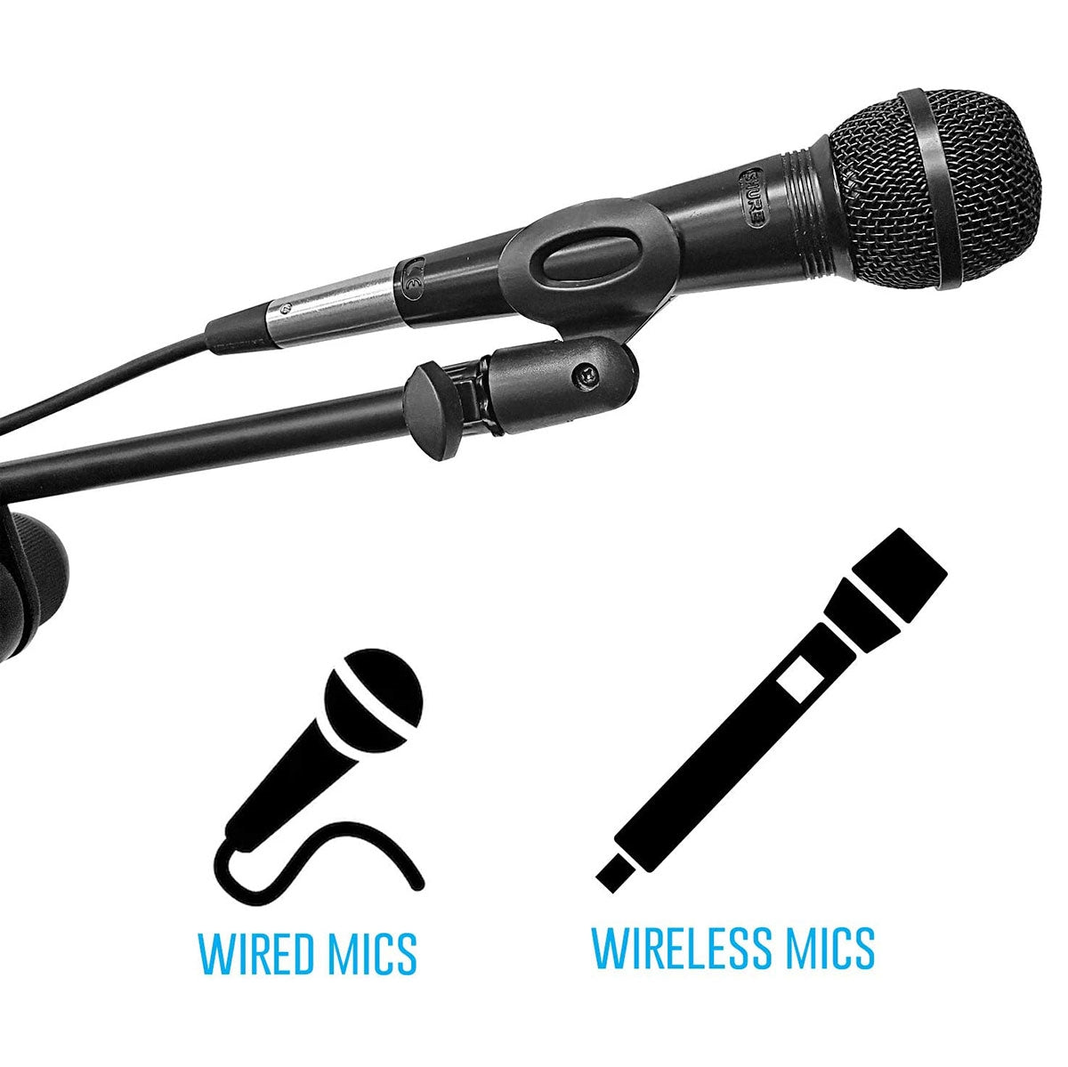 AxcessAbles One Hand Microphone Stand with Weighted Heavy Round Base and Quick Grip Height Adjustment - Telescoping Mic Boom Arm Included. Tall Microphone Stand for Singing (MS-201RB)