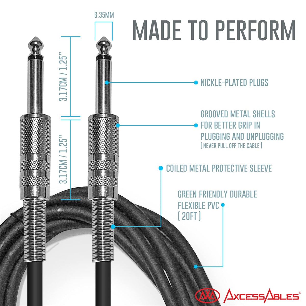 AxcessAbles I-020 1/4-inch (6.35mm) TS Straight to 1/4-inch (6.35mm) TS Straight Guitar/Bass/Instrument Cable (20ft)