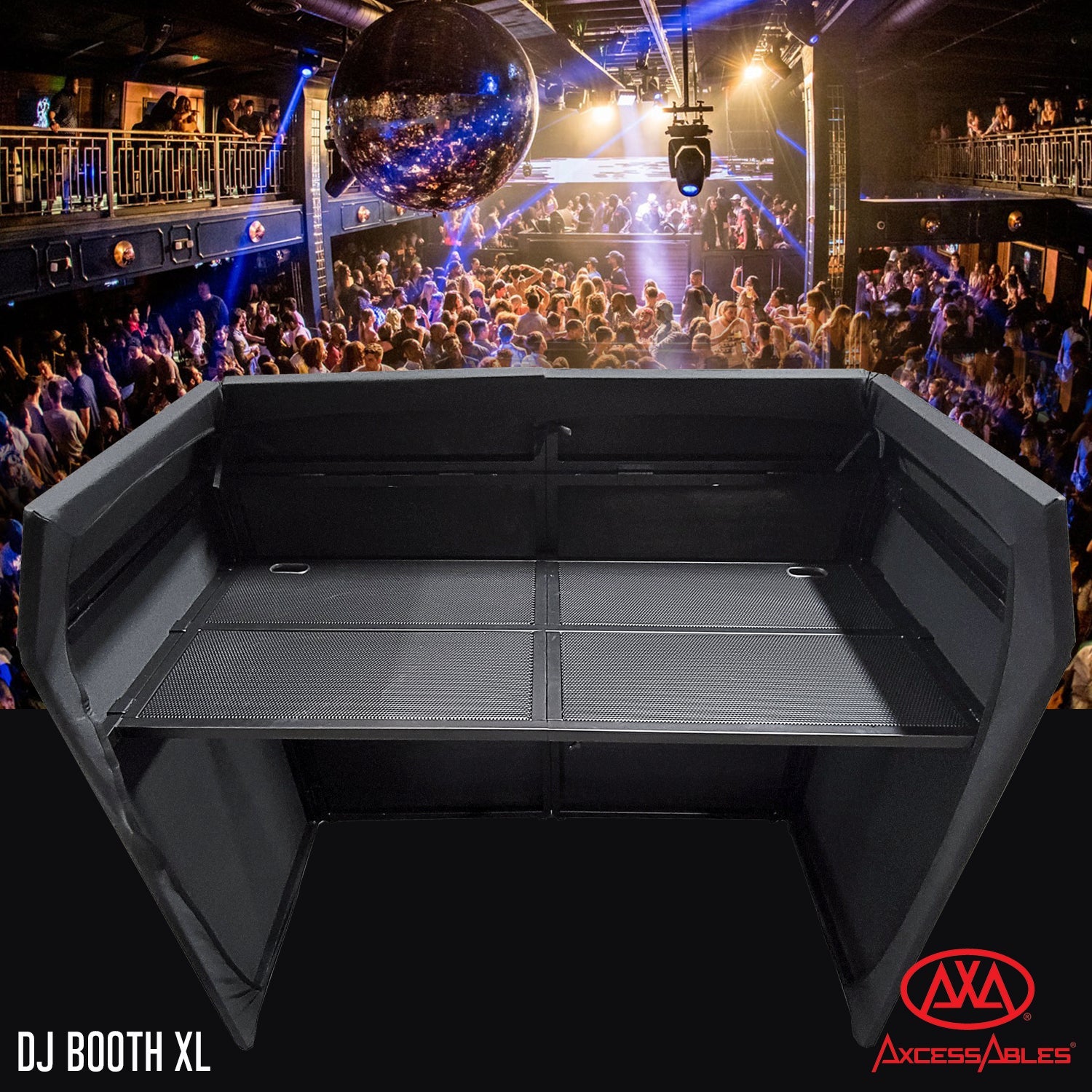 AxcessAbles DJ Booth XL Portable DJ Facade Booth Table with Black and White Scrims, Carry Cases | Standing DJ Booth | DJ Controller Stand | Recording Mixer Stand| DJ Booth XL
